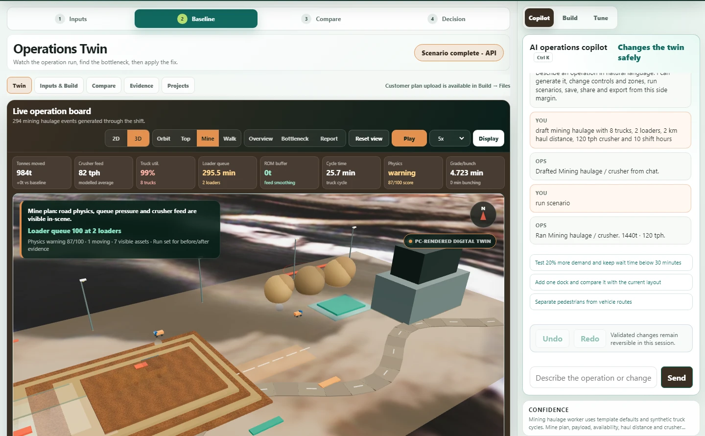 Current Oakhampton Operations Twin interface showing workflow stages, operating controls, KPIs, a live three-dimensional mine model and the AI operations copilot.